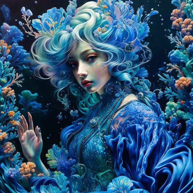 Hyper-realistic 3D Rococo-inspired water nymph in vibrant colors emerging from a clear lake. Her gown made of water dissolves into bubbles at the hem. Her hair intertwines with aquatic flora, and the underwater background is filled with vibrant corals and iridescent fish.