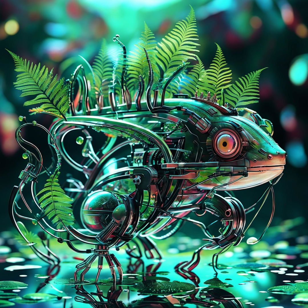 A cyber-organic axolotl with translucent glass skin revealing intricate mechanical and plant-based components within.