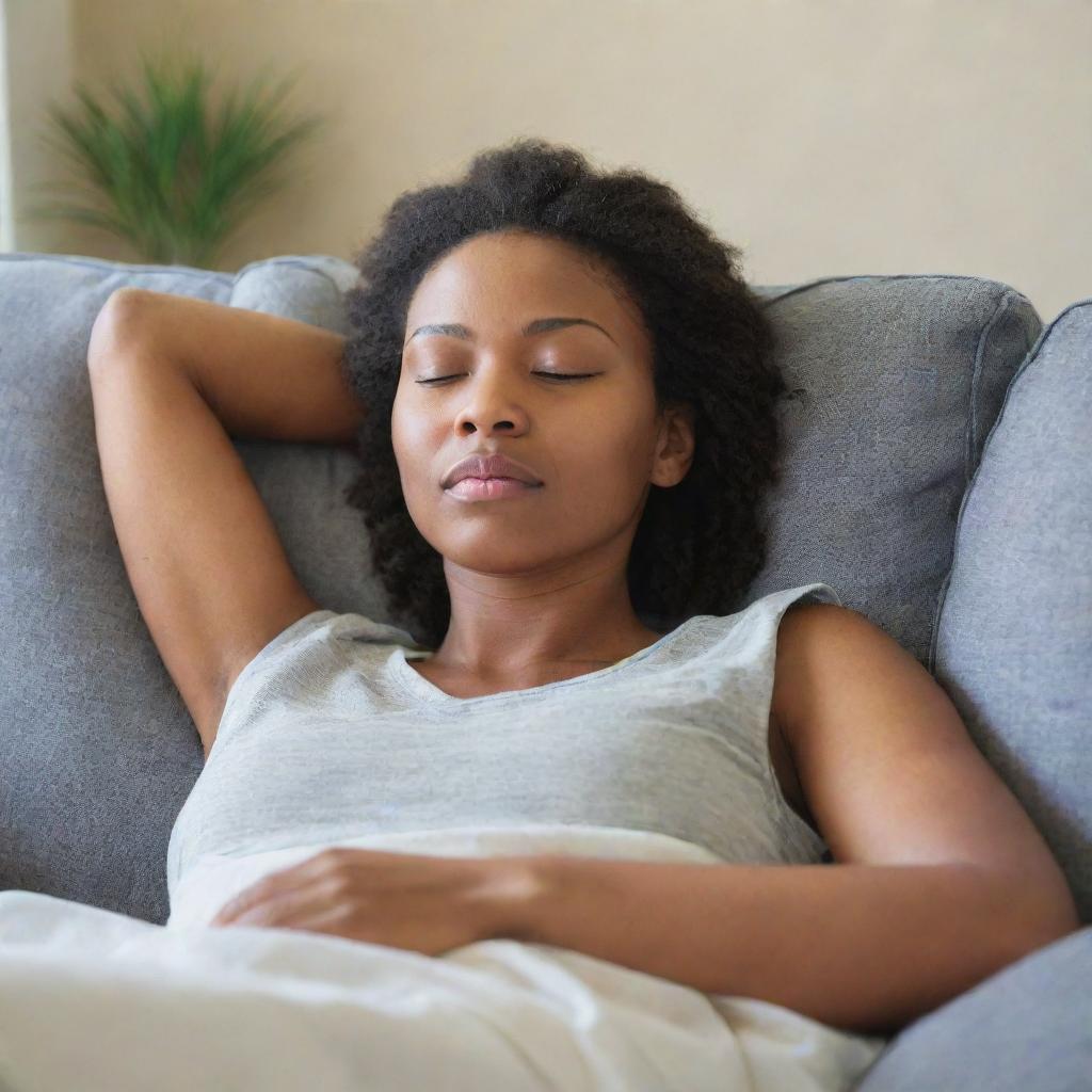 A person relaxing on a comfortable sofa, eyes half-closed, capturing the essence of impending sleep and the need for repose.