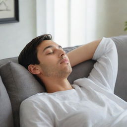 A person relaxing on a comfortable sofa, eyes half-closed, capturing the essence of impending sleep and the need for repose.