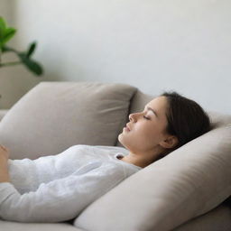 A person relaxing on a comfortable sofa, eyes half-closed, capturing the essence of impending sleep and the need for repose.