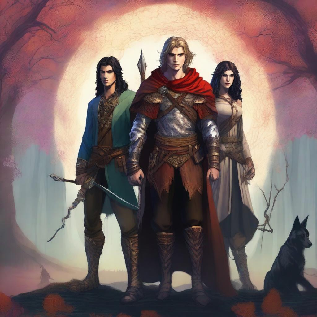 A digital art image illustrating a youthful warrior standing in the center, flanked by his two lovers