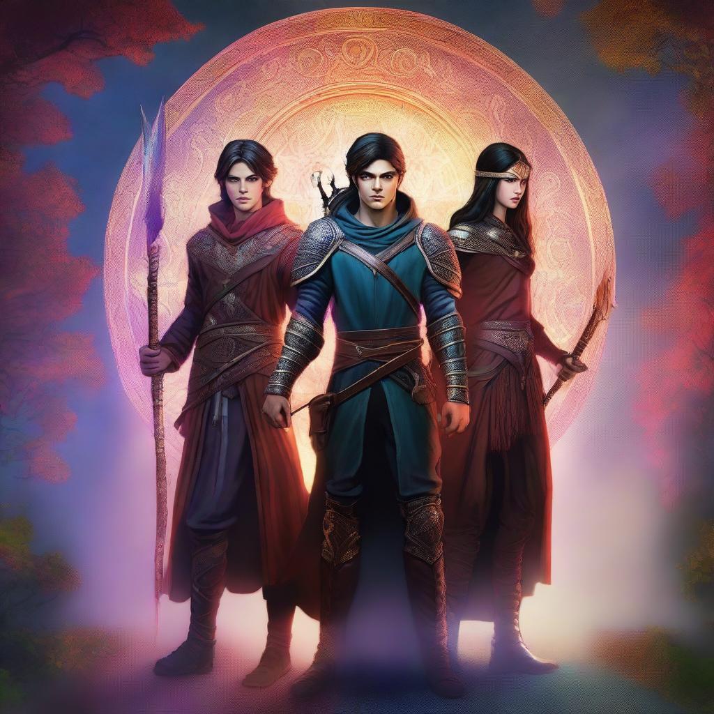 A digital art image illustrating a youthful warrior standing in the center, flanked by his two lovers