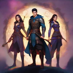 A digital art image illustrating a youthful warrior standing in the center, flanked by his two lovers