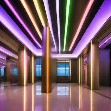 The modern and sleek interior design of the building had a scintillating scotoma feature, where a localized area of diminished vision was edged by shimmering colored lights.