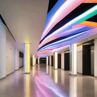 The modern and sleek interior design of the building had a scintillating scotoma feature, where a localized area of diminished vision was edged by shimmering colored lights.