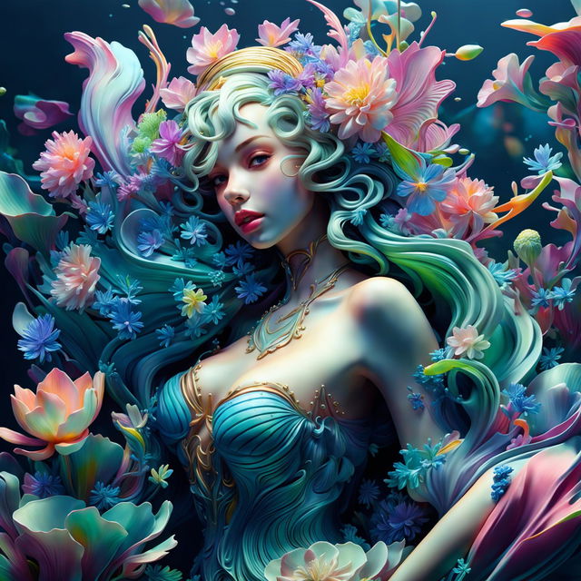 Hyper-realistic 3D Rococo water nymph with vibrant colours in an underwater landscape.