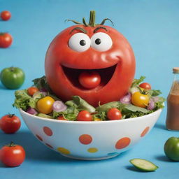 A vibrant animation-style image featuring Tommy the Tomato, sitting in a bowl bustling with colorful and lively vegetables, with an expression showing surprise and anticipation as a bottle of Salad Dressing appears.