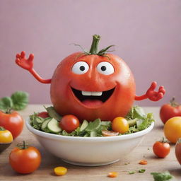 A vibrant animation-style image featuring Tommy the Tomato, sitting in a bowl bustling with colorful and lively vegetables, with an expression showing surprise and anticipation as a bottle of Salad Dressing appears.