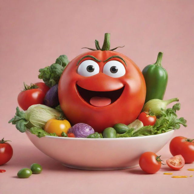 A vibrant animation-style image featuring Tommy the Tomato, sitting in a bowl bustling with colorful and lively vegetables, with an expression showing surprise and anticipation as a bottle of Salad Dressing appears.