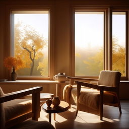 A captivating scene taken with a high-resolution camera, optimizing a serene setting of a wooden coffee table and chair by a window. The light is meticulously corrected to remove any orange tones, replaced by bright, pure whiteness for a fresh, clean aesthetic.