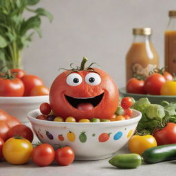 A vibrant animation-style image featuring Tommy the Tomato, sitting in a bowl bustling with colorful and lively vegetables, with an expression showing surprise and anticipation as a bottle of Salad Dressing appears.