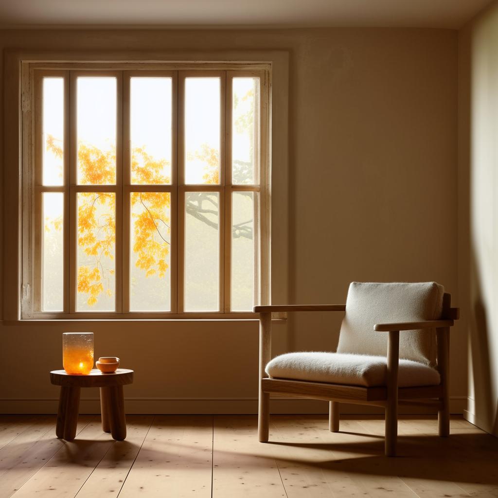 A captivating scene taken with a high-resolution camera, optimizing a serene setting of a wooden coffee table and chair by a window. The light is meticulously corrected to remove any orange tones, replaced by bright, pure whiteness for a fresh, clean aesthetic.