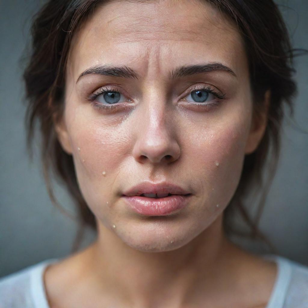 Emotive portrait of a beautiful woman with tears rolling down her face, surrounded by a soft and sensitive atmosphere.