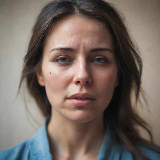 Emotive portrait of a beautiful woman with tears rolling down her face, surrounded by a soft and sensitive atmosphere.