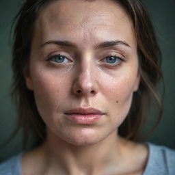 Emotive portrait of a beautiful woman with tears rolling down her face, surrounded by a soft and sensitive atmosphere.