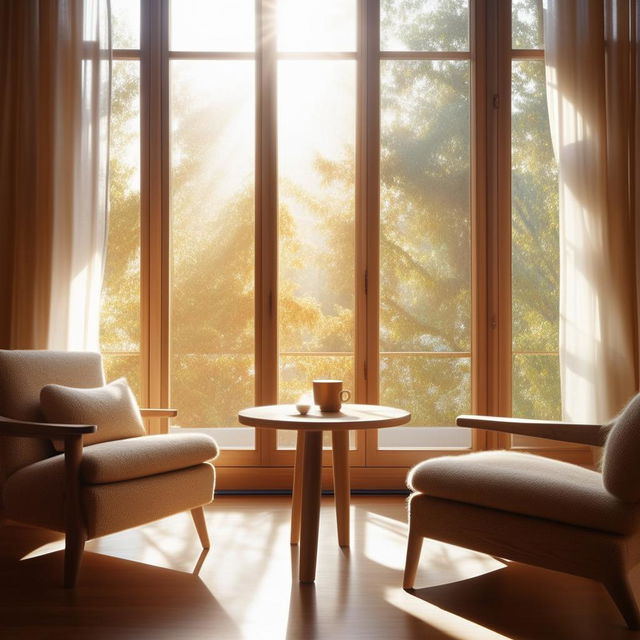 A captivating scene taken with a high-resolution camera, optimizing a serene setting of a wooden coffee table and chair by a window. The light is meticulously corrected to remove any orange tones, replaced by bright, pure whiteness for a fresh, clean aesthetic.