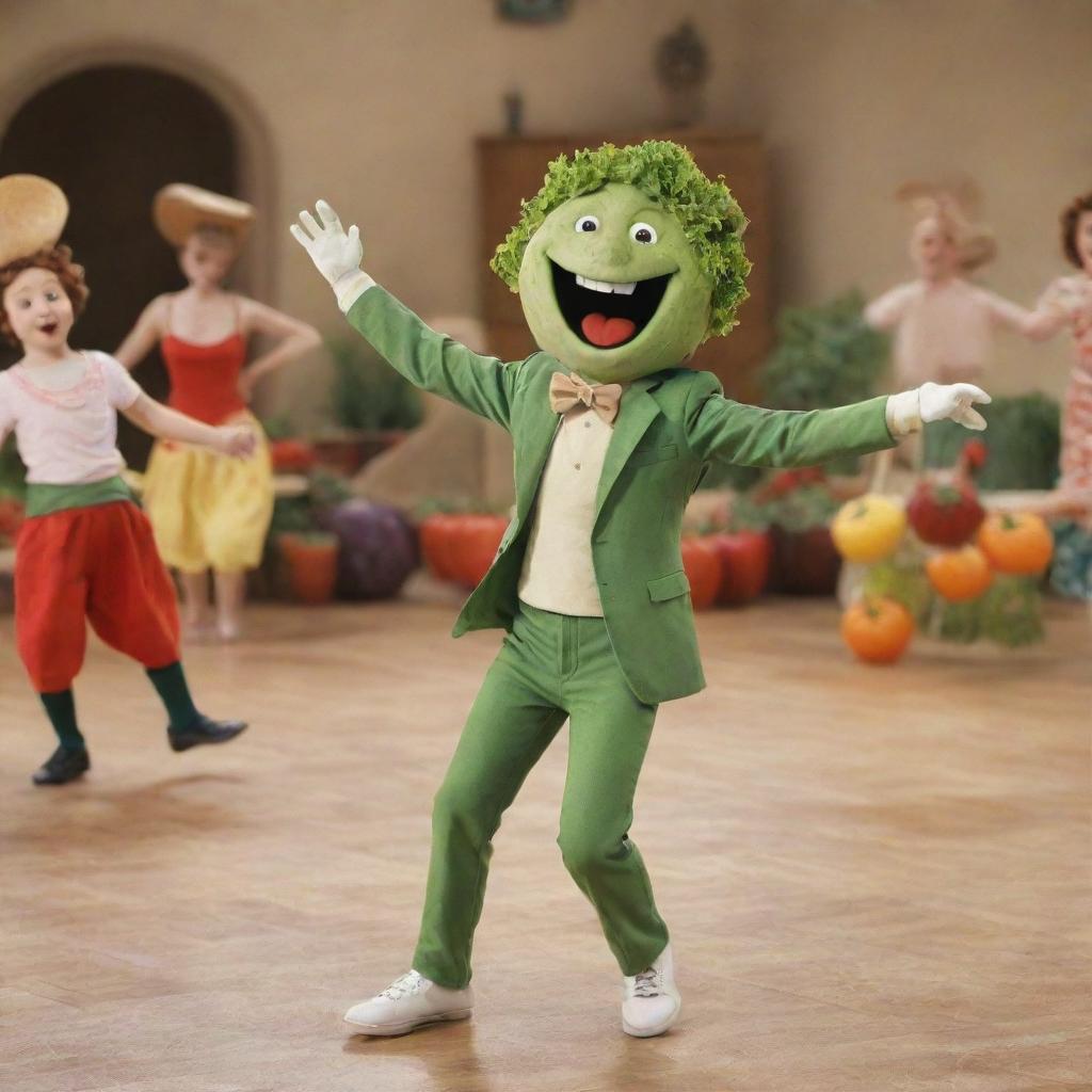 A lively scene of salad dressing twirling and dancing gracefully, captivating the attention of a character named Tommy and other various vegetables.