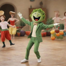 A lively scene of salad dressing twirling and dancing gracefully, captivating the attention of a character named Tommy and other various vegetables.