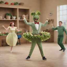 A lively scene of salad dressing twirling and dancing gracefully, captivating the attention of a character named Tommy and other various vegetables.