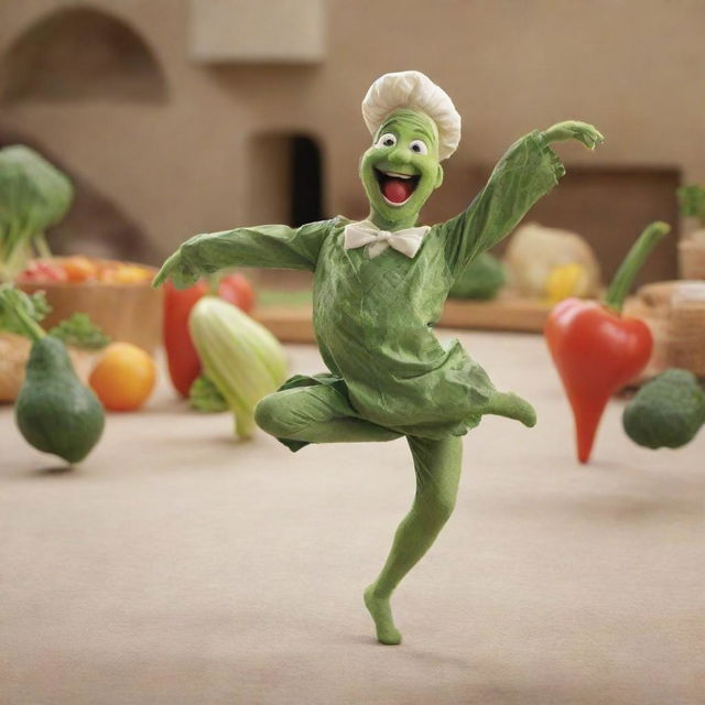 A lively scene of salad dressing twirling and dancing gracefully, captivating the attention of a character named Tommy and other various vegetables.