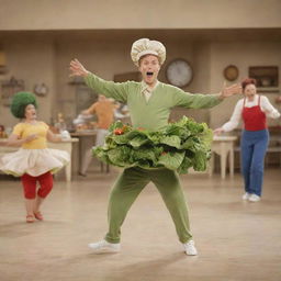 A lively scene of salad dressing twirling and dancing gracefully, captivating the attention of a character named Tommy and other various vegetables.