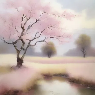 The artist skillfully used a palette of pinkish-white to create a soft and serene landscape painting.