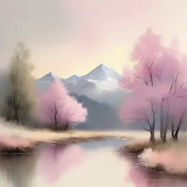 The artist skillfully used a palette of pinkish-white to create a soft and serene landscape painting.