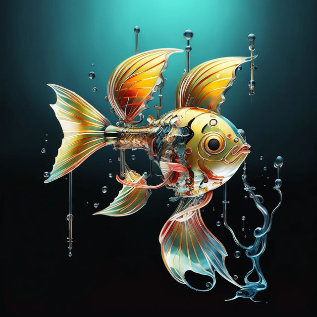 A hyper-realistic goldfish, half classic and half cybernetic with mechanical and plant-based components.