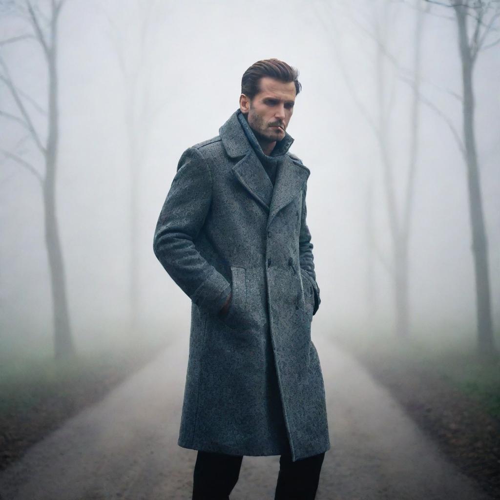 A mysterious man wearing a stylish coat, standing in a foggy environment while leisurely smoking.