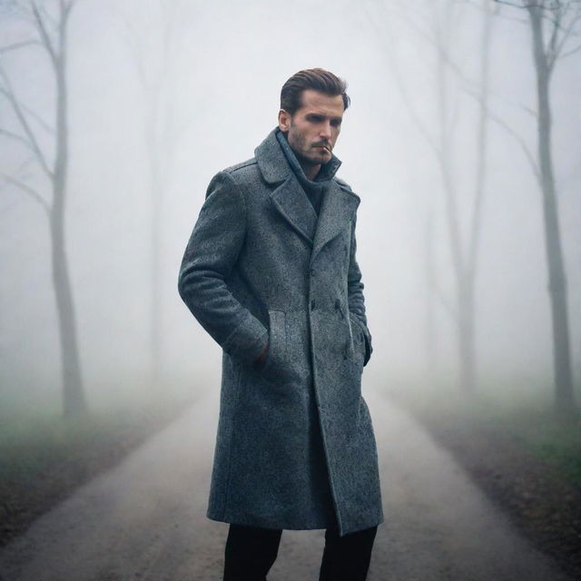 A mysterious man wearing a stylish coat, standing in a foggy environment while leisurely smoking.