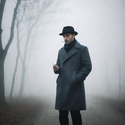 A mysterious man wearing a stylish coat, standing in a foggy environment while leisurely smoking.