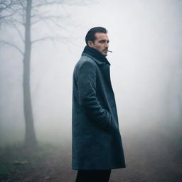 A mysterious man wearing a stylish coat, standing in a foggy environment while leisurely smoking.