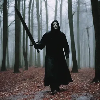 In the horror movie, the slasher chased his victims with a menacing sword.
