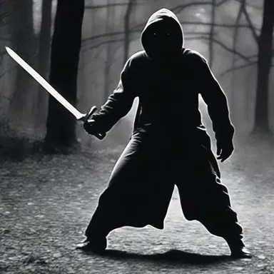 In the horror movie, the slasher chased his victims with a menacing sword.