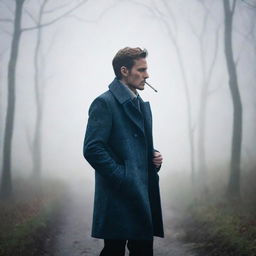 A mysterious man wearing a stylish coat, standing in a foggy environment while leisurely smoking.