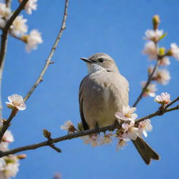 A beautiful bird, perfectly perched on a blooming tree branch, with a vivid blue sky as the backdrop.