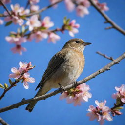 A beautiful bird, perfectly perched on a blooming tree branch, with a vivid blue sky as the backdrop.