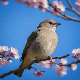 A beautiful bird, perfectly perched on a blooming tree branch, with a vivid blue sky as the backdrop.