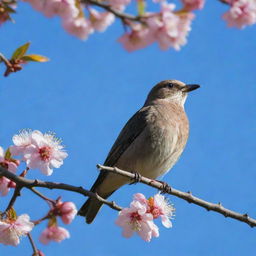 A beautiful bird, perfectly perched on a blooming tree branch, with a vivid blue sky as the backdrop.