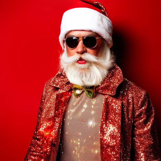 A sassy and glamorous Santa Claus dressed in a stylish and glossy red and white outfit with sparkling accessories.