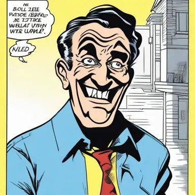 The comic book artist depicted the protagonist's lunacy through exaggerated facial expressions and slapstick humor.