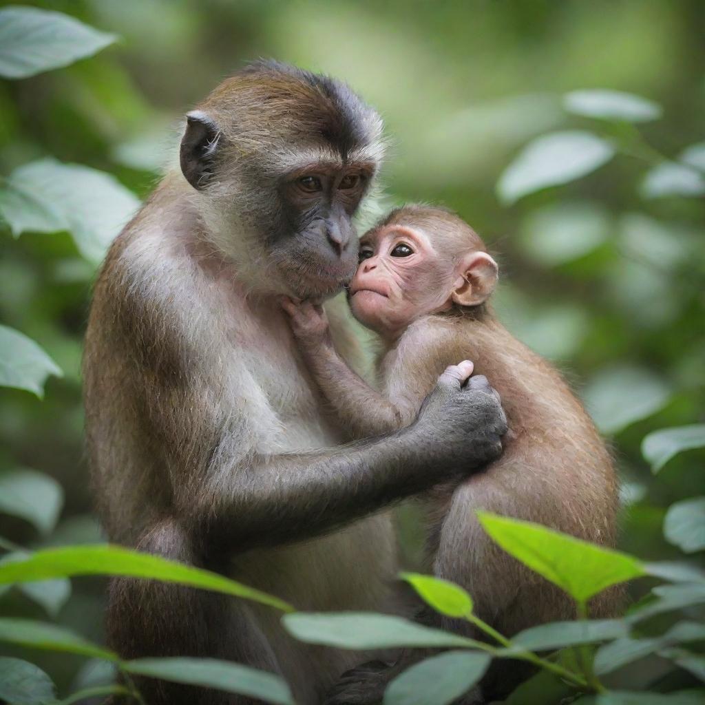 A nurturing monkey mother tenderly feeding her baby amidst lush green foliage in their natural habitat.