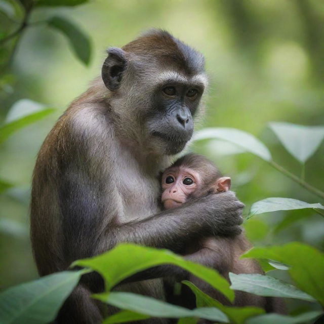 A nurturing monkey mother tenderly feeding her baby amidst lush green foliage in their natural habitat.