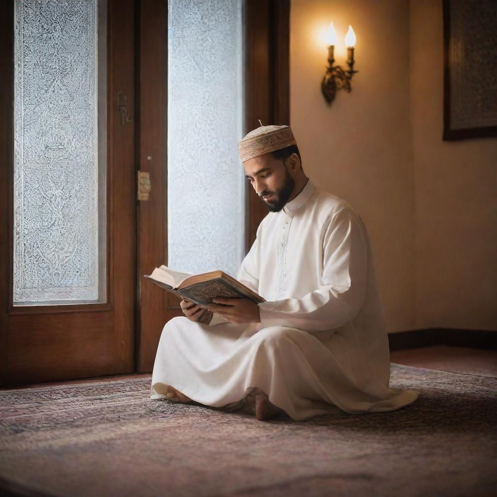 A devout Hafiz e Quran, dressed in traditional Islamic attire, sitting peacefully in a tranquil room, engrossed in reading the Holy Quran with light illuminating the page