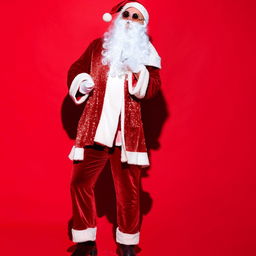 A sassy and glamorous Santa Claus dressed in a stylish and glossy red and white outfit with sparkling accessories.