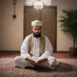 A devout Hafiz e Quran, dressed in traditional Islamic attire, sitting peacefully in a tranquil room, engrossed in reading the Holy Quran with light illuminating the page