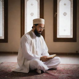 A devout Hafiz e Quran, dressed in traditional Islamic attire, sitting peacefully in a tranquil room, engrossed in reading the Holy Quran with light illuminating the page