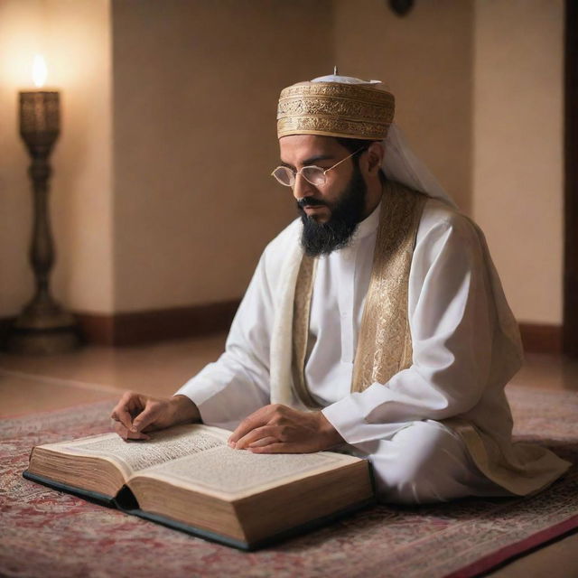 A devout Hafiz e Quran, dressed in traditional Islamic attire, sitting peacefully in a tranquil room, engrossed in reading the Holy Quran with light illuminating the page