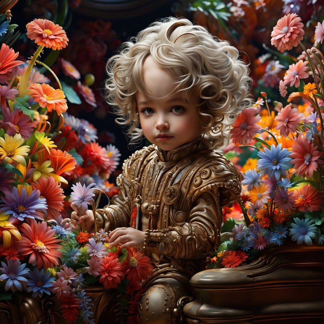 A hyper-realistic 3D image of an intelligent alien child in Rococo attire playing joyfully in a vibrant alien garden filled with warm, colourful flowers.